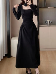 Elegant Chic Women Fashion Black Dress Vintage Casual A-Line Solid Party Birthday Prom Dresses Female Spring Clothes Robe Mujers