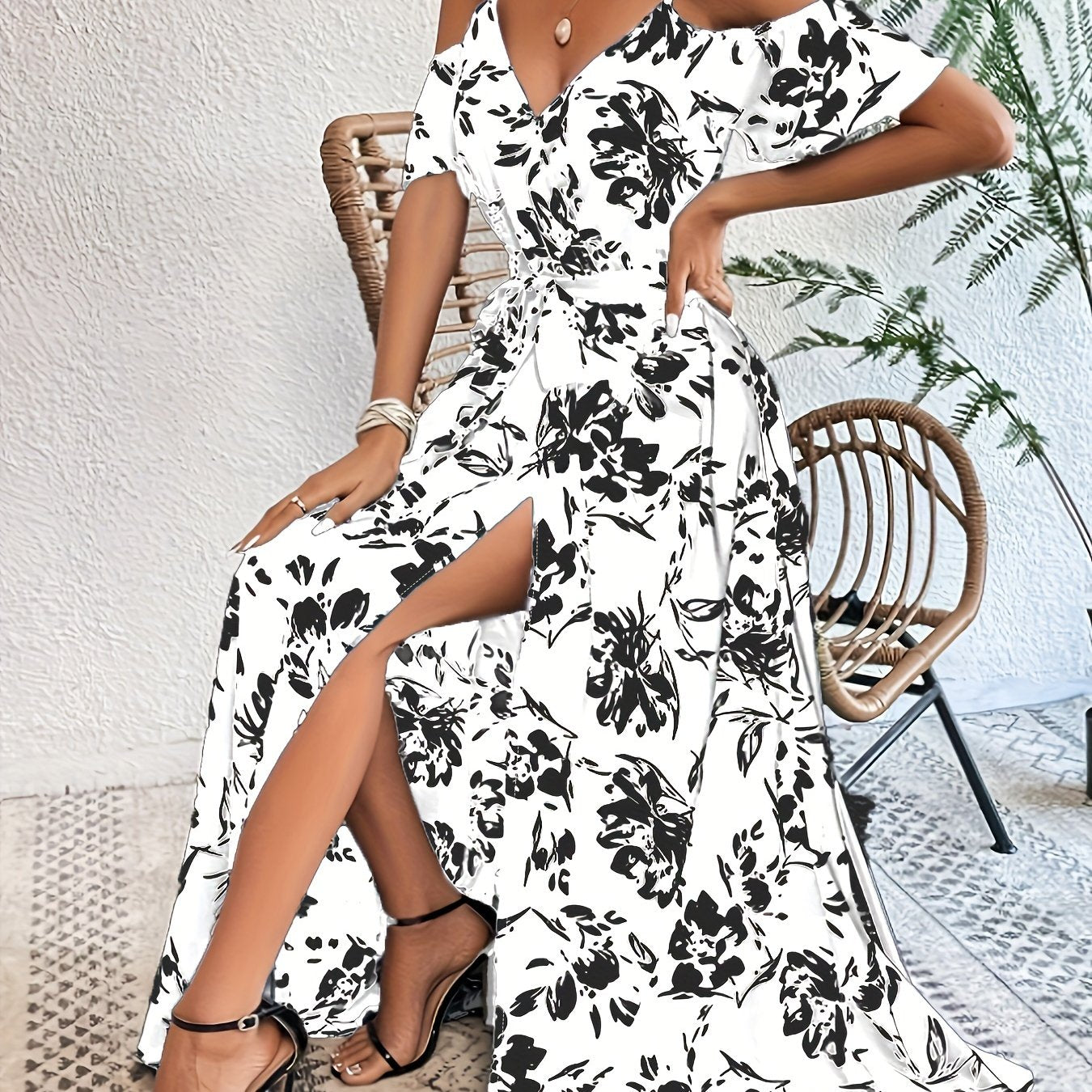 Vibrant Floral Print A-Line Dress - Cold Shoulder, Belted, Split Sleeveless, Elegant, Comfortable, Spring & Summer Essential - Women's Clothing, Perfect for Outdoor Activities