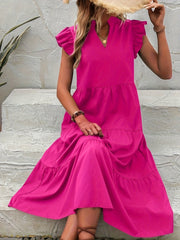 Elegant Ruffle Hem Dress - Flowy V Neck, Ruffled Sleeves, Loose Fit, Spring & Summer Essential, Women's Clothing for Elegant Dressing and Special Occasions
