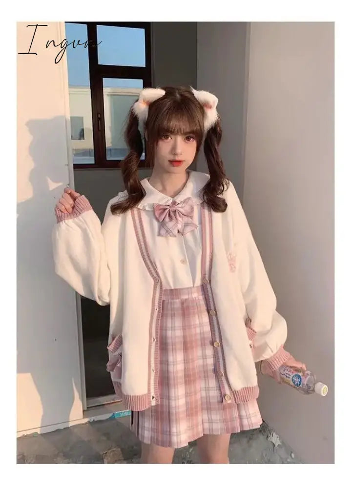 Ingvn - Spring Japanese Kawaii Fashion Pink Cardigan Women Harajuku Knitted Sweater Cute Bow Heart Korean College Style JK Uniform Coat