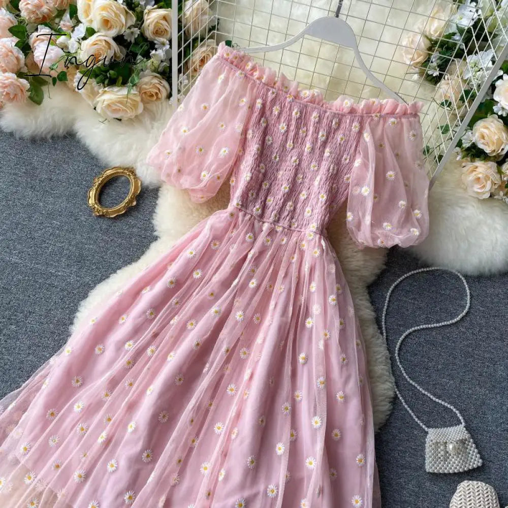 Ingvn - Embroidered Off-Shoulder Dresses Fairy Chic Gentle Dress Female New Style Sweet Daisy Printed Mesh Long Floral Dress Female
