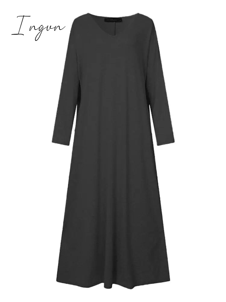 Ingvn - Women's Plus Size Casual Dress Solid Color V Neck Long Sleeve Winter Fall Basic Casual Maxi long Dress Daily Vacation Dress