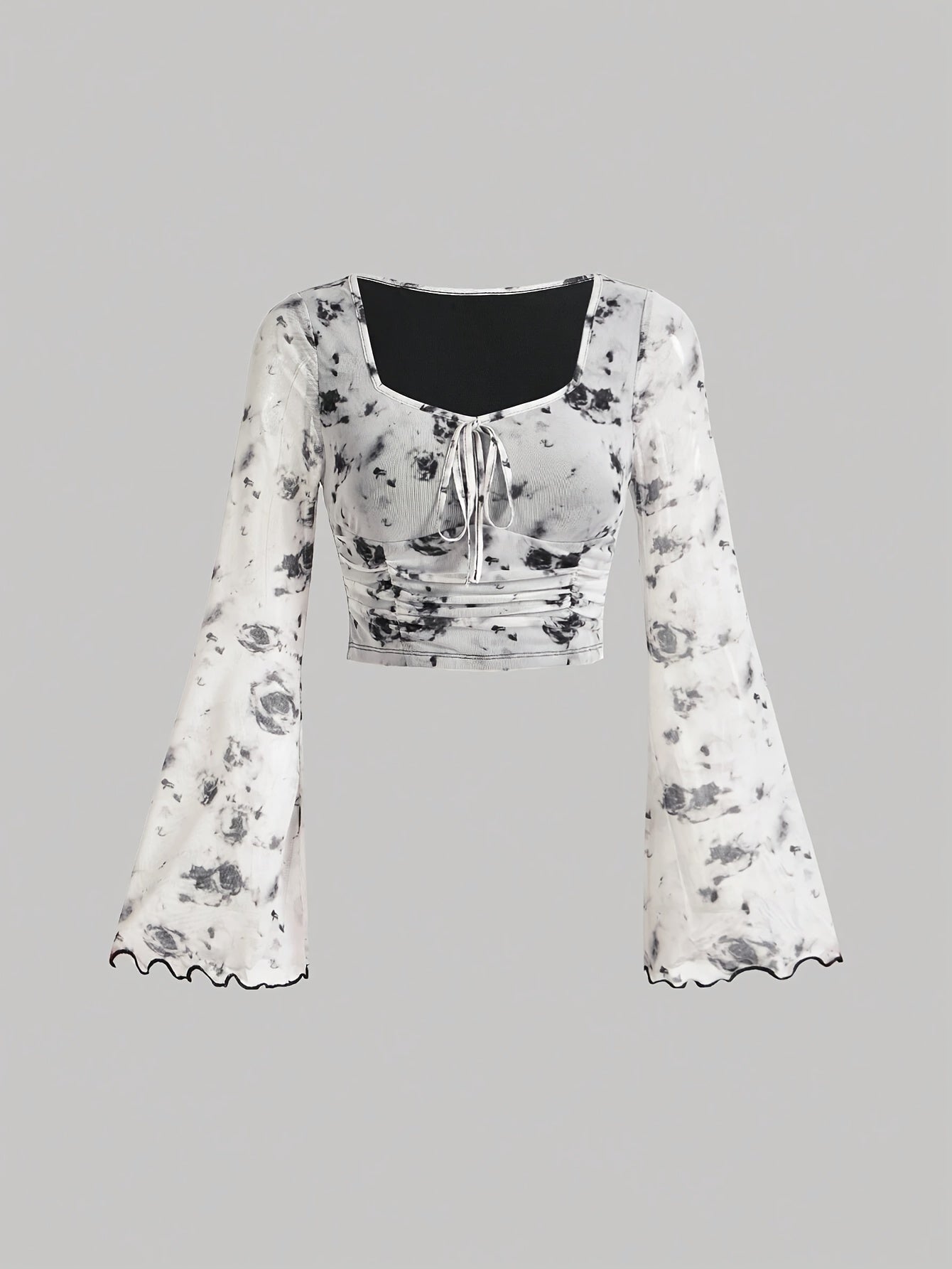 Trendy Tie Dye Print Ruched T-Shirt - Flattering Long Flare Sleeves, Casual Chic Top for Spring and Fall, Coquette Y2K Style Women's Clothing with Relaxed Fit and Soft Fabric
