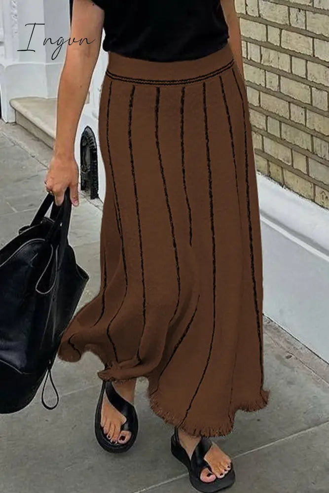 Ingvn - British Style Elegant Striped Tassel Patchwork High Waist Type A Patchwork Bottoms