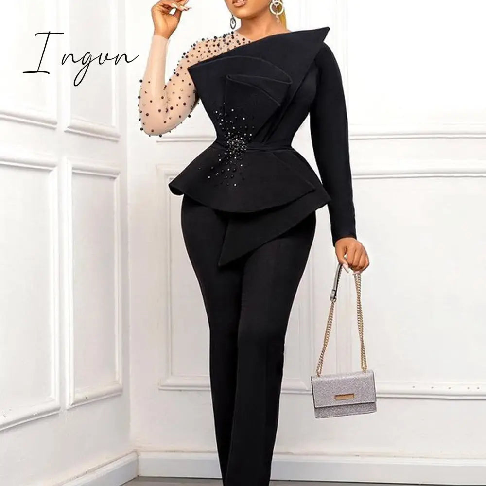 Ingvn - Party Jumpsuit Women Evening Elegant Sexy Mesh Beading Skinny High Waisted One Piece Black Long Jumpsuits Romper Overalls