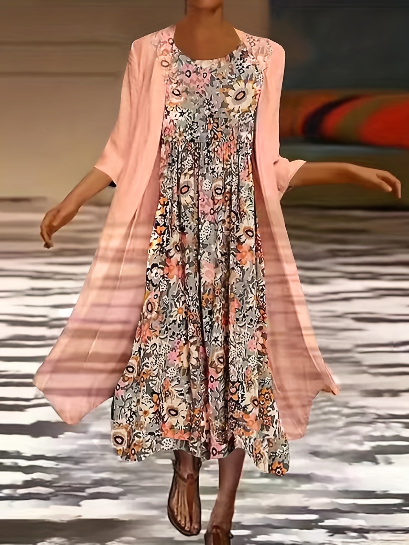 Plus Size Outfits Set, Women's Plus Floral Print Round Neck Tank Dress & Long Sleeve Coat Outfits Two Piece Set