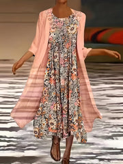 Plus Size Outfits Set, Women's Plus Floral Print Round Neck Tank Dress & Long Sleeve Coat Outfits Two Piece Set