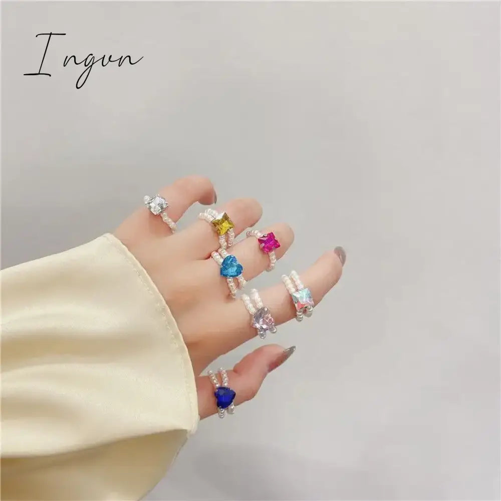 Kpop Romantic Coloful Crystal Pearl Elastic Rope Beaded Ring Smooth Irregular Geometric Square Oval Rings for Women Jewelry