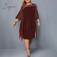 Ingvn - Plus Size Dresses 4XL 5XL 6XL Lace Mesh Sexy Elegant Midi Party Dress Red Black Green Purple Loose Hellow Women's Clothing