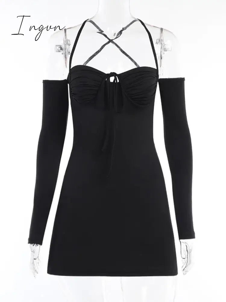 Ingvn - Elegant Pleated Bust Lace Up Back Mini Dress Women Summer New Long Sleeve Backless Bodycon Sexy Party Club Dress