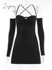 Ingvn - Elegant Pleated Bust Lace Up Back Mini Dress Women Summer New Long Sleeve Backless Bodycon Sexy Party Club Dress