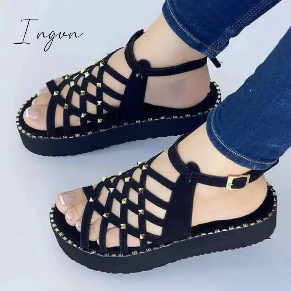 Ingvn - Fashion 2024 Summer Platform Sandals Women Casual Rubber Sole Non-slip Women Shoes Comfortable Peep Toe Rivet Beach Sandals