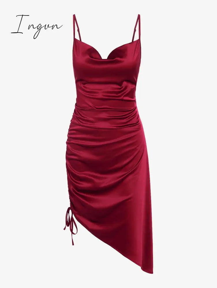 Ingvn - Women's Sexy Satin Dress Spaghetti Strap Slips Nightwear Side Slit Cocktail Party Silk Mini Dresses