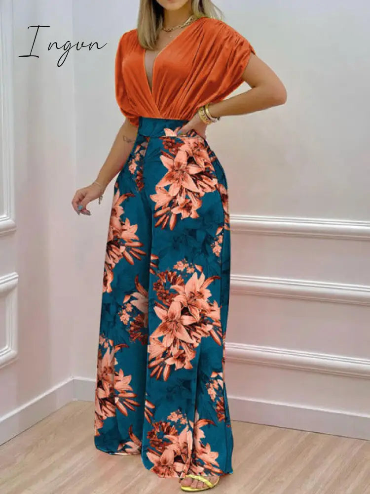 Ingvn - Summer Sexy Deep V Neck Pleated Shirt Outfit Women Fashion Solid Blouses + High Waist Print Straight Pant Set Office Commute Set