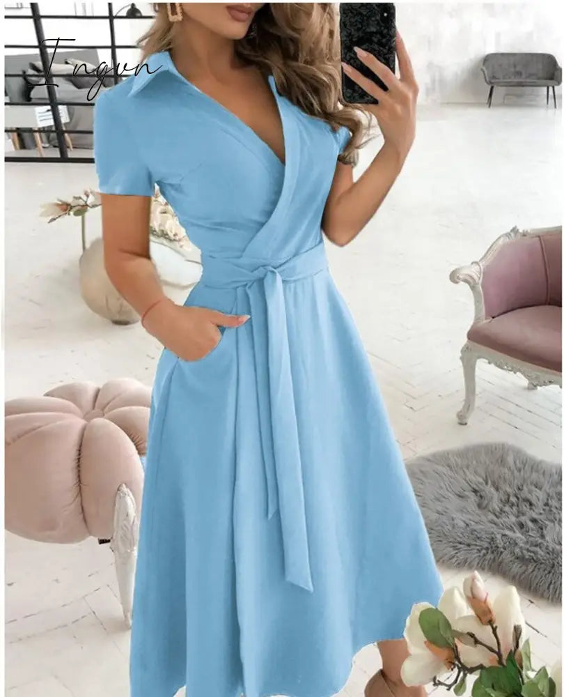 Ingvn - Spring and Summer Fashion New Party Dress Short-sleeved V-neck Retro Dress with Printed Belt