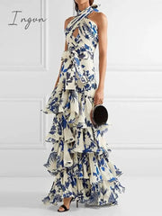 Ingvn - Elegant Women's Printed Vestidos Sleeveless Neck-mounted Female Formal Wear Aesthetic Layered Ruffled Hem Evening Party Dresses