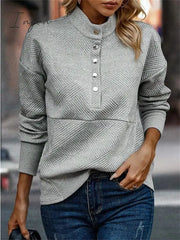 Ingvn - Women's Sweatshirt Pullover Basic Button Gray Solid Color Casual V Neck Long Sleeve Textured Top Micro-elastic Fall & Winter