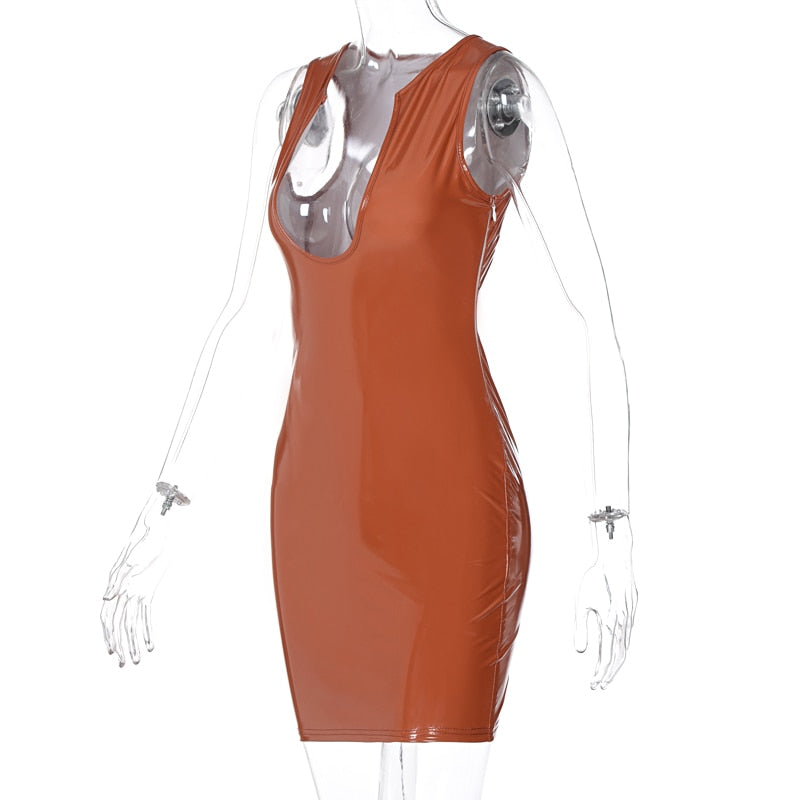 Sleeveless Solid Deep V-Neck Pu Leather Zip Up Mini Dress Autumn Winter Women Fashion Sexy Party Club Clothings