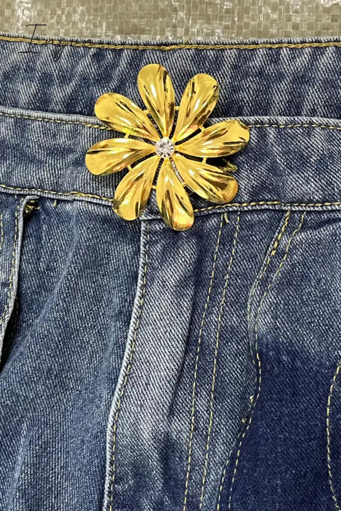 Ingvn - Street Solid Hollowed Out High Waist Straight Denim Jeans