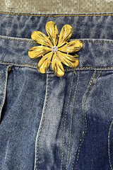 Ingvn - Street Solid Hollowed Out High Waist Straight Denim Jeans