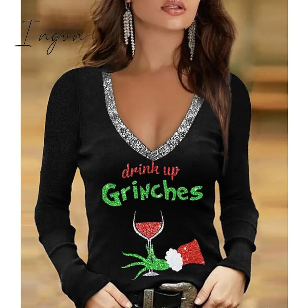 Ingvn - Women's T shirt Tee Green Wine Fuchsia Christmas Tree Sparkly Print Long Sleeve Christmas Weekend Basic V Neck Regular Painting S / 3D Print