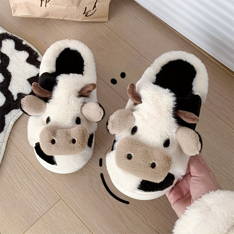 Cozy Cartoon Cow Slippers - Plush Lined, Comfortable, Casual Slip-On Shoes for Indoor Home Use - Soft, Warm, and Fun Design for Relaxation