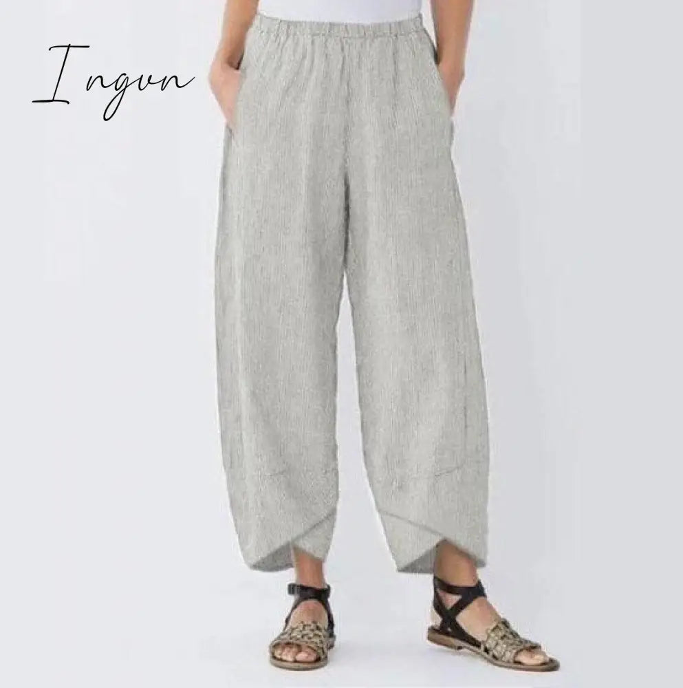 Ingvn - Vintage Harem Pants Women Casual Loose Printed Elastic Waist Cotton Linen Wide Leg Pants Summer Irregular Pantalon Cropped Pants