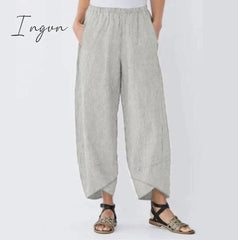 Ingvn - Vintage Harem Pants Women Casual Loose Printed Elastic Waist Cotton Linen Wide Leg Pants Summer Irregular Pantalon Cropped Pants