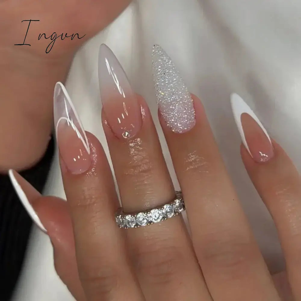 24Pcs 3D Long Almond False Nails Red Nude Ballet Stiletto Wearable Fake Nails MilkTea Color Jelly Full Cover Press On Nail Tips