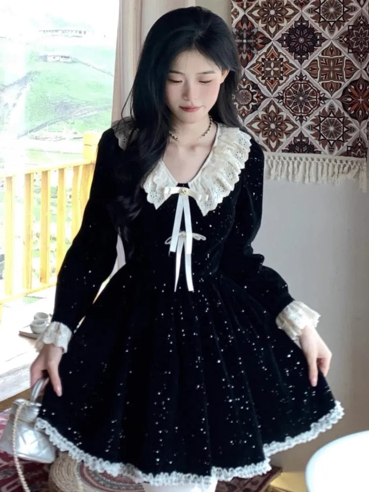 Elegant Lace Patchwork Velvet Dress Women French Style V-Neck Long Sleeve Slim A-Line Party Robe Vintage Evening Prom Vestidos