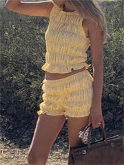 Women's Plaid 2 Piece Set Sleeveless O Neck Ruched Striped Tank Tops Shorts Sets Casual Streetwear