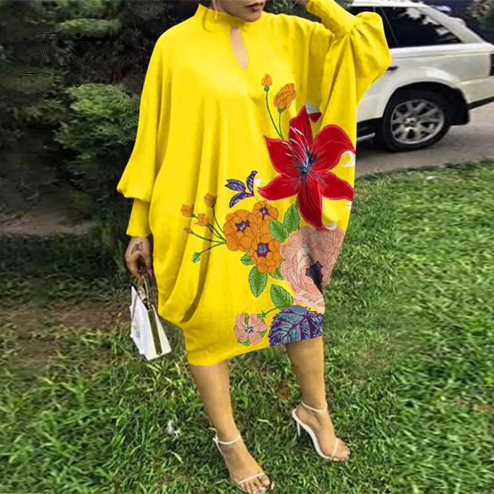 Ingvn - Autumn Fashion Streetwear Women Loose Dress Casual Printed Long Sleeves Sexy Hollow Out O Neck Irregular Dresses Elegant Women's