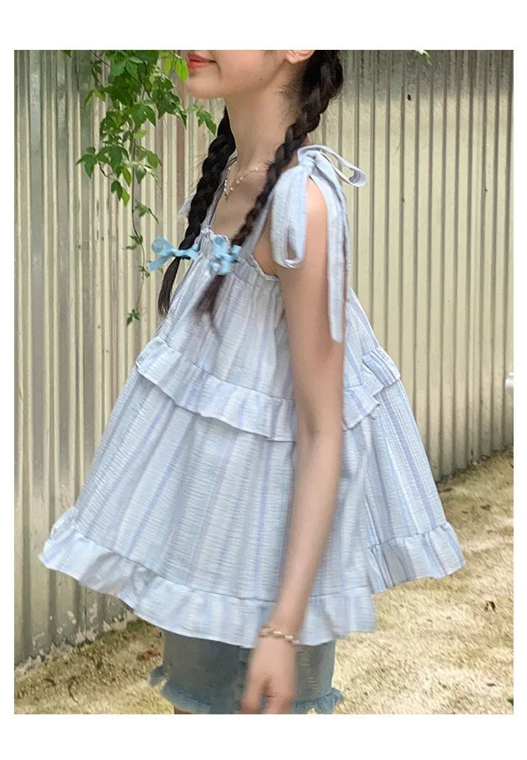 French Style Striped Bow Tank Top Women's Summer Loose Fit Vacation Style Doll Top Fashionable Casual Wear