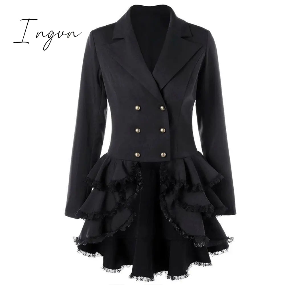 Ingvn - Trench Coat Women's Aaymmetric Lace Hem Tops Steampunk Victorian Swallow Tail Trench Coat Double-Breasted Female Thin Outwear