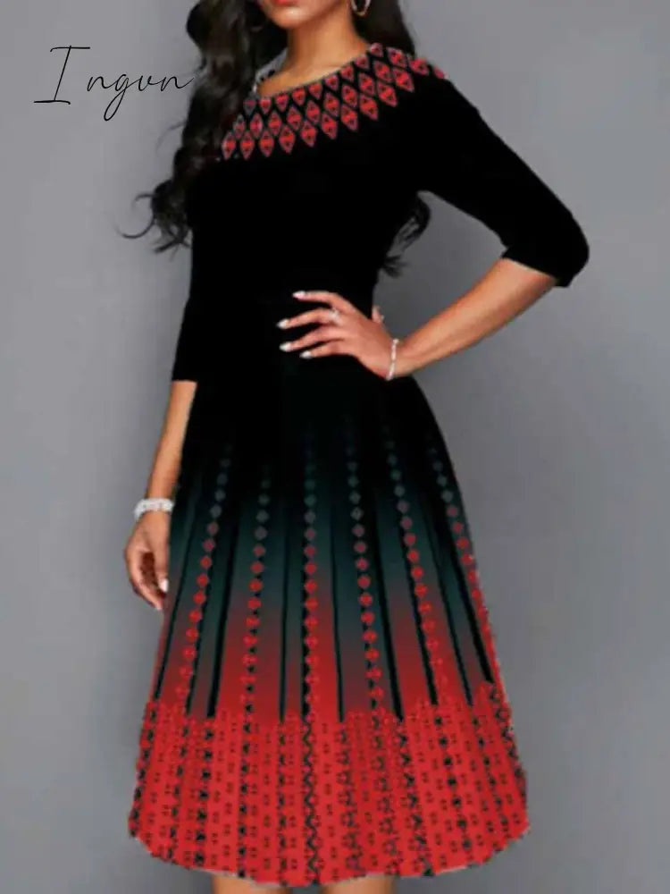 Ingvn - Women's Work Dress Swing Dress Church Dress Midi Dress Red Royal Blue Blue 3/4 Length Sleeve Print Print Summer Spring Crew Neck Elegant 2023 S M L XL XXL 3XL 4XL 5XL