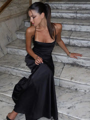 Spaghetti Strap Backless Sexy Maxi Dress Women Gown Black Satin Slipdress Sleeveless High Waist Club Party Long Dress