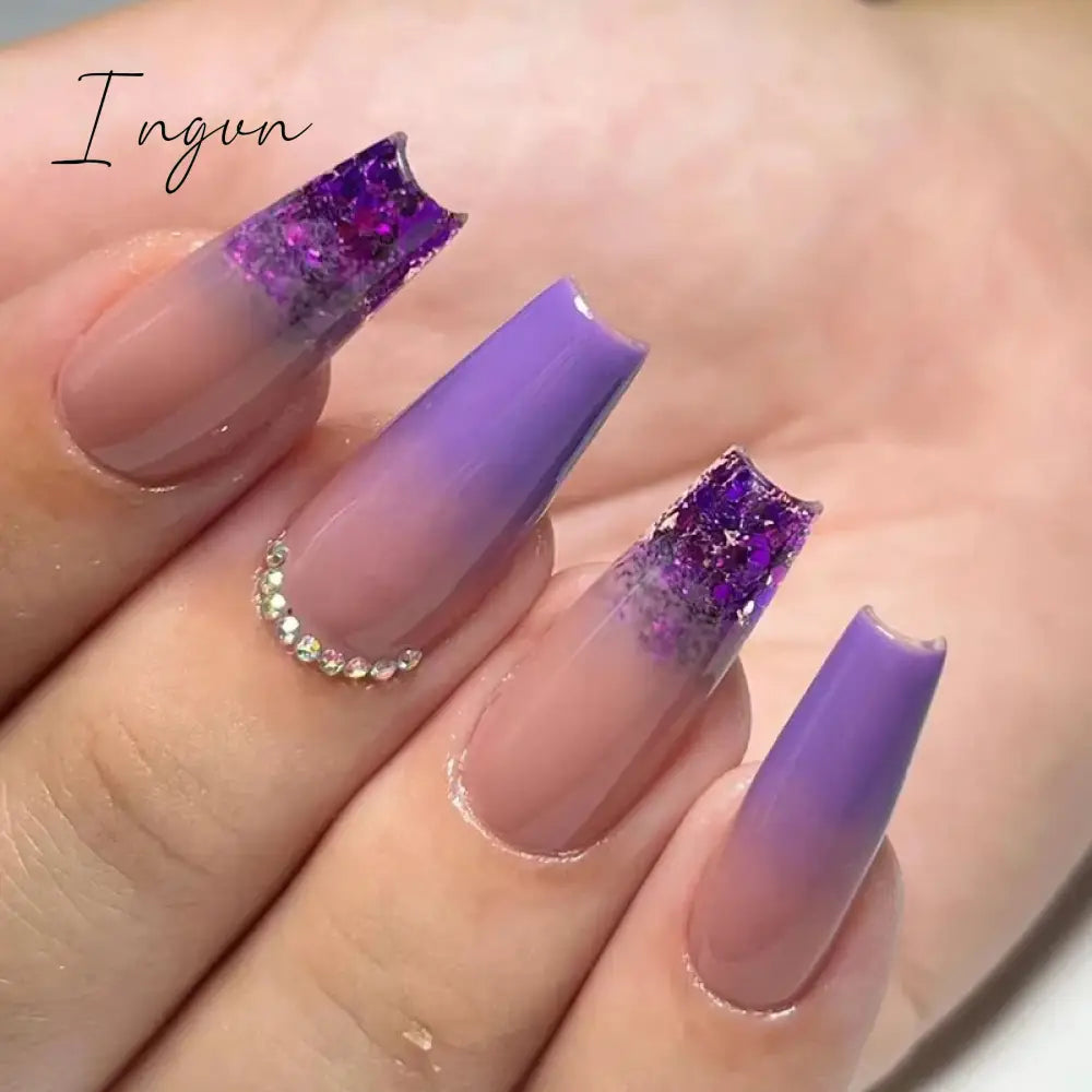 24Pcs Purple Y2K Press on Nails Star Diamond Designs Full Cover Fake Nails Long Coffin Acrylic False Nails for Women 2023 New