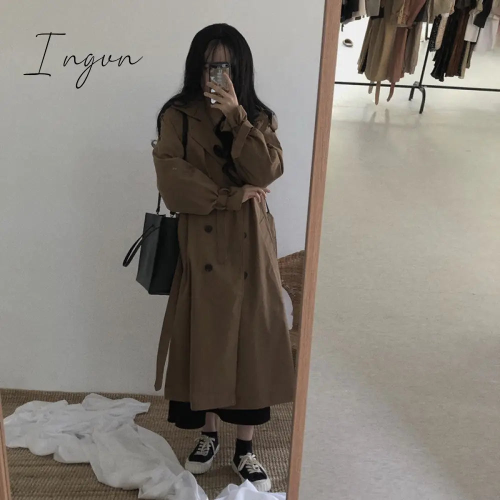 Ingvn - Chic Women Trench Coat Casual Women's Long Outerwear Loose Overcoat Autumn Winter Fashion Double-breasted Windbreaker Femme