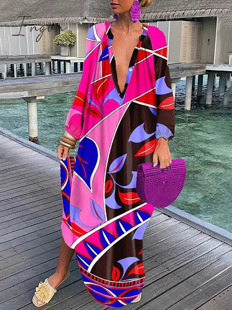 Ingvn - V-neck Casual Loose Floral Print Long Sleeve Maxi Dress