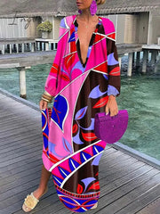 Ingvn - V-neck Casual Loose Floral Print Long Sleeve Maxi Dress