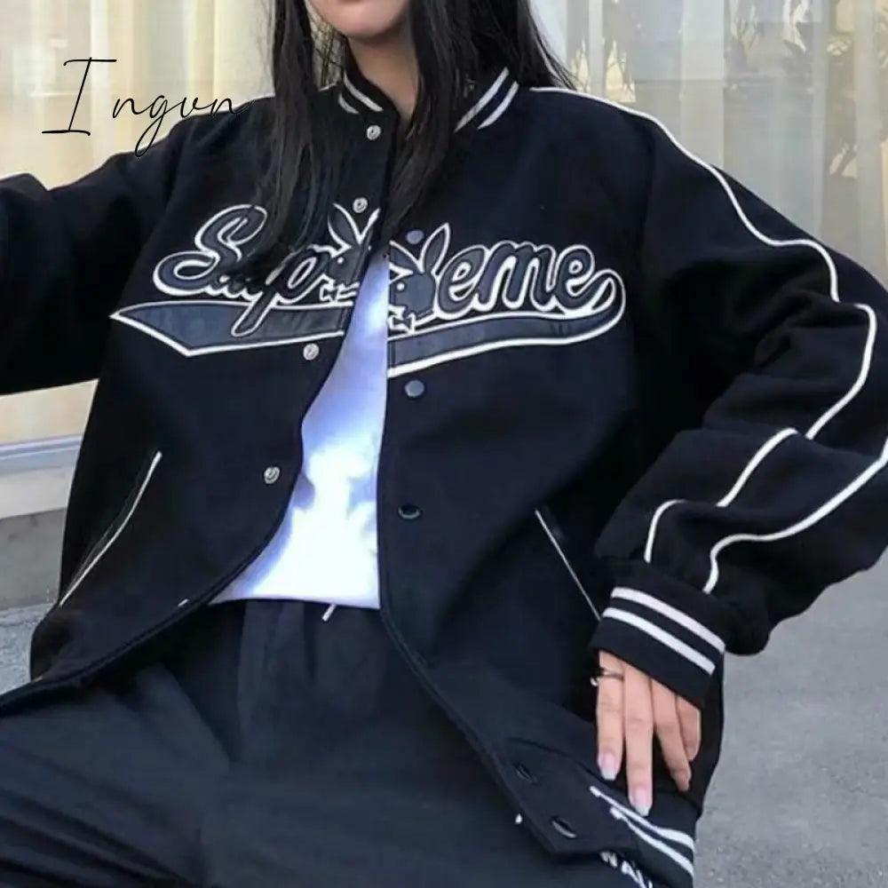 Ingvn - Letter Print High Street Long Sleeve Bomber Jacket Women Autumn New Fashion Brand Jacket Sports Coat Hip-hop Jacket Women