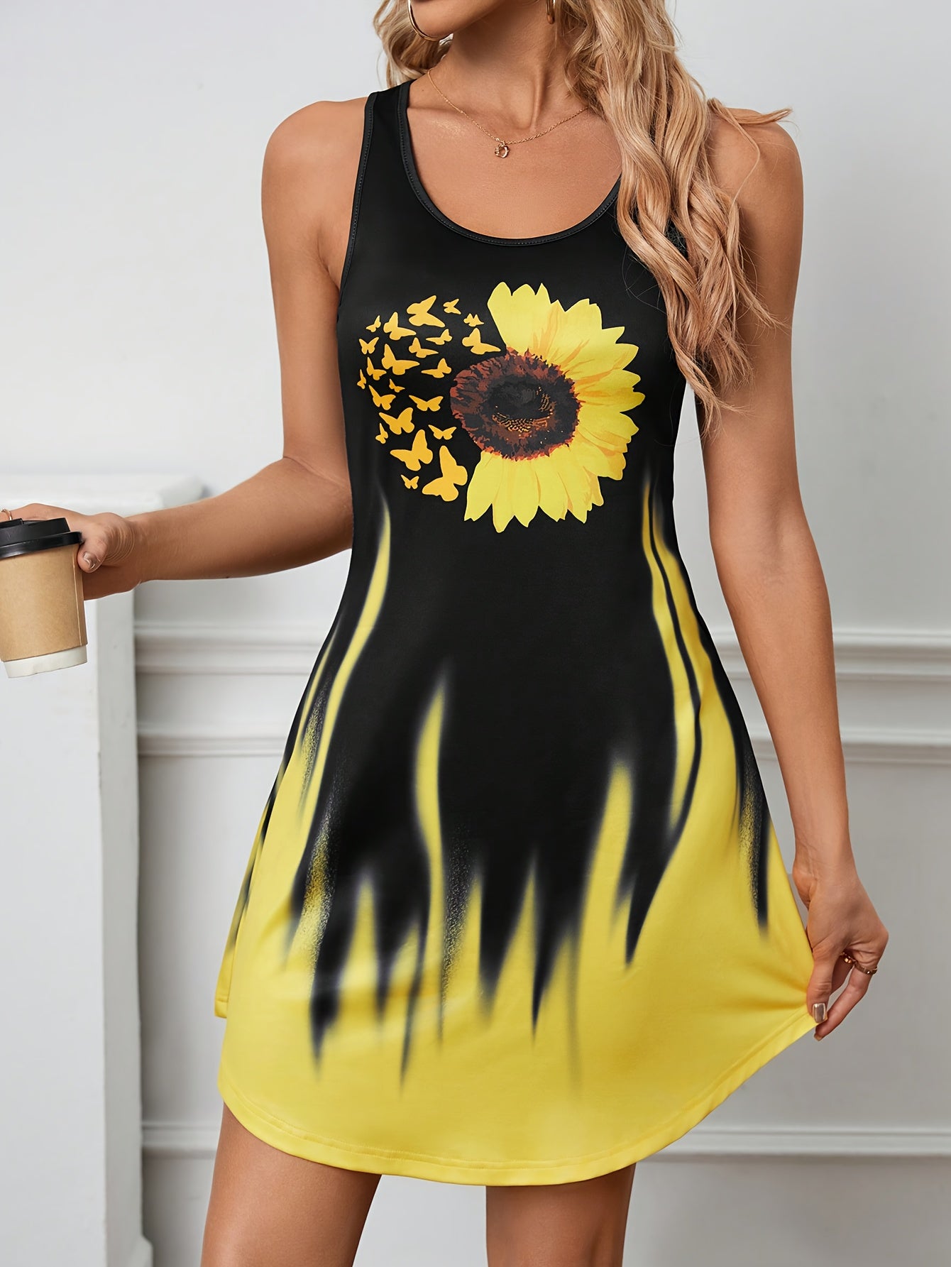Vibrant Butterfly & Floral Print Ombre Tank Dress - Sleeveless, Casual, Comfortable, Breathable, Spring & Summer Essential - Women's Fashion Clothing for Warm Weather