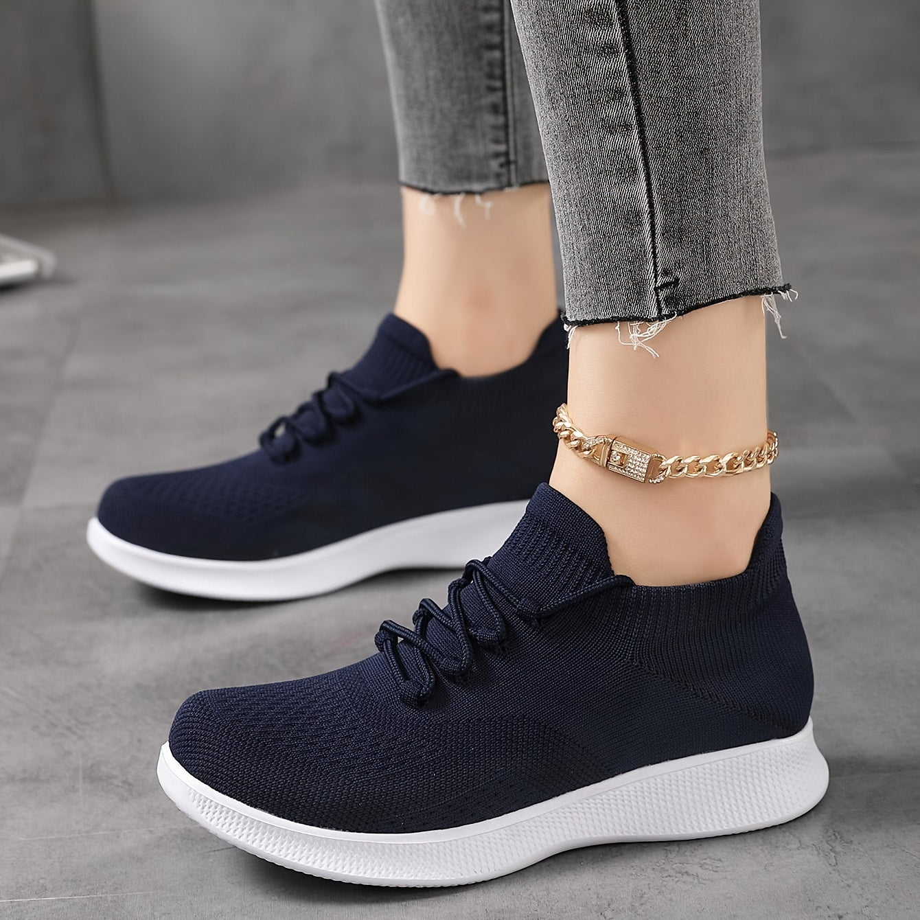 Women's Breathable Knit Sneakers, Casual Lace Up Outdoor Shoes, Comfortable Low Top Shoes plus size