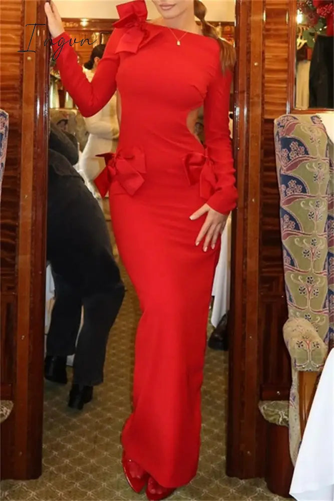 Ingvn - Sexy Solid Hollowed Out Slit With Bow O Neck Long Dress Dresses