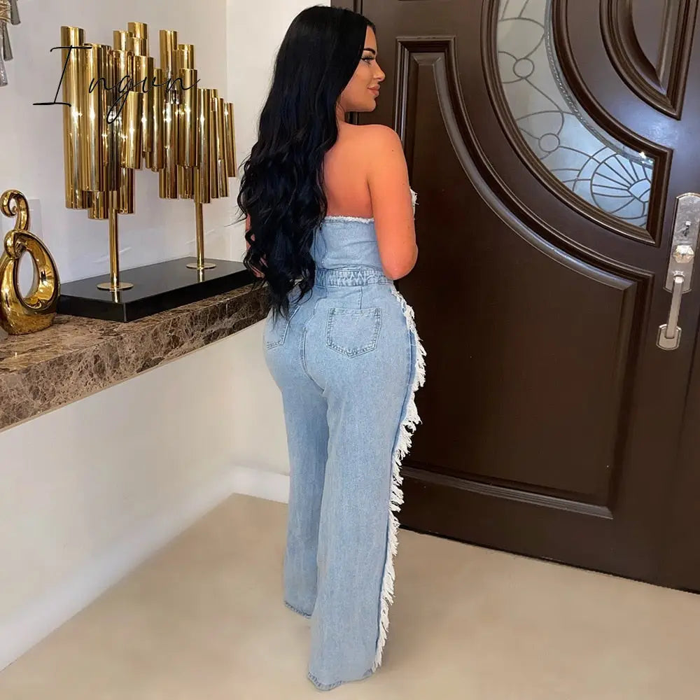 Ingvn - Vintage Hole Tassel Denim Jumpsuit Women 2023 New Fashion Sexy Off The Shoulder V Neck Rivet Club Party Romper Y2K One Pieces