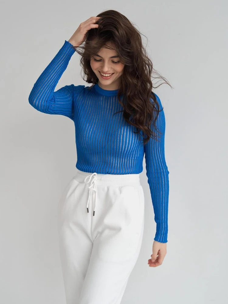 Ingvn  Fashion White Elegant Striped See Through Women Tops Outfits Long Sleeve T-Shirts Tees Skinny Club Party Clothes
