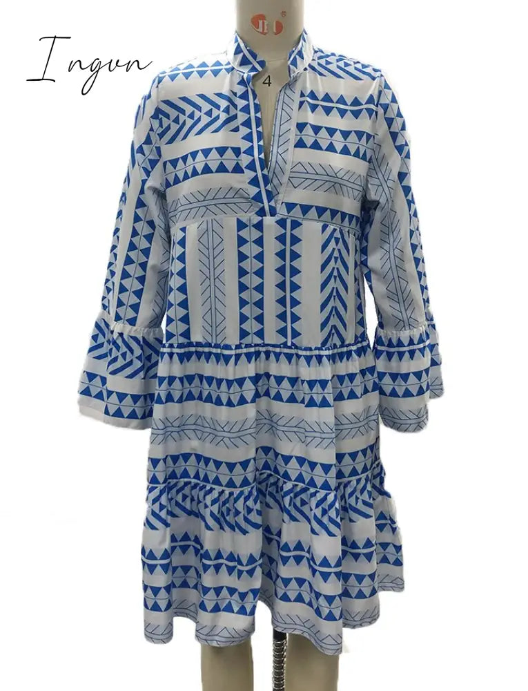 Ingvn - V neck Swing Women Daily Cotton Bell Sleeve Printed Tribal Summer Dress