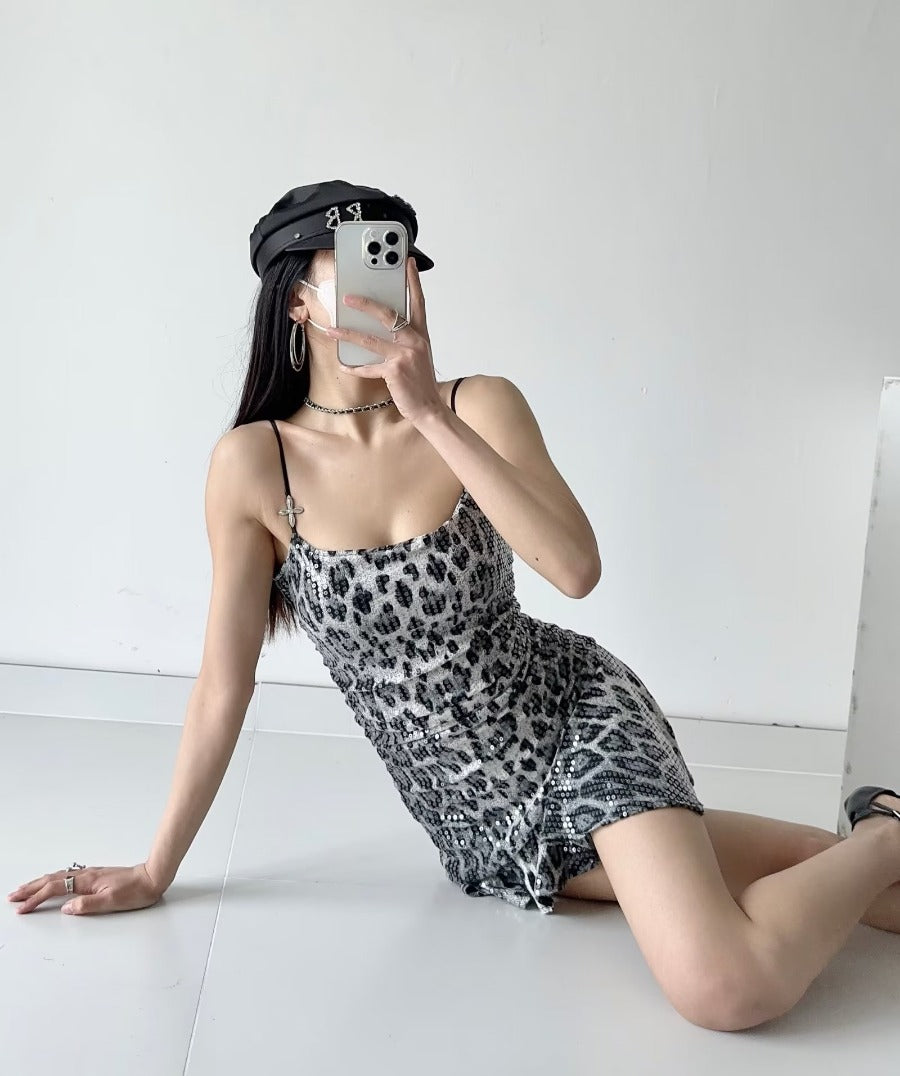 Pphmm outfit inspo Summer New Leopard Print Hot Girl Sexy Sequined Hip Irregular Hem Sling Dress