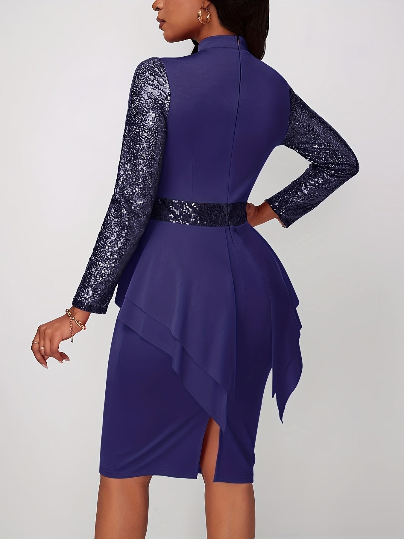 Solid Sequin Long Sleeve Tie Waist Dress, Vintage Bag Hip Bodycon Pencil Dress, Women's Clothing
