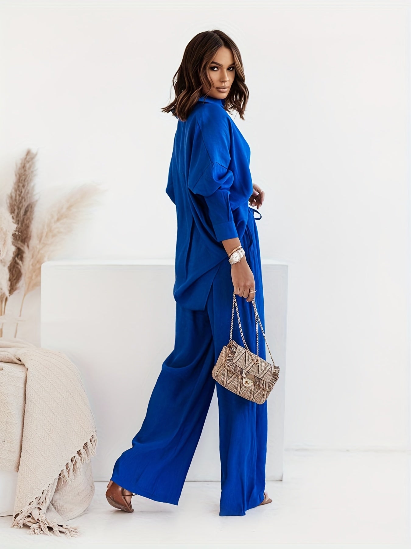 Two-Piece Chic Pantsuit Set - Women's Solid Casual Outfit with Button Front Turn Down Collar Shirt and High Waist Wide Leg Pants - Comfortable and Elegant Clothing for Everyday Wear